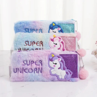 Cute Cartoon Unicorn Plush Pouch Pencil Case Soft Fluffy Multi Functional Large Capacity Makeup Stationery Storage Bag Holder
