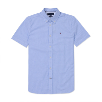 TOMMY 熱銷刺繡Logo短袖襯衫-藍白直條紋色