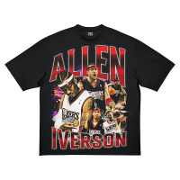 76ers Allen Iverson Cetakan Retro Kapas Streetwear Leher Krew Musim Panas Jatuh Bahu Kemeja-T Gaya A