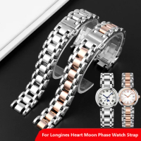 For Longines Heart Moon Phase Watch Strap Women L8.110 115 112 Stainless Steel Watch Band Notched Bracelet Belt Chain 16mm 17mm