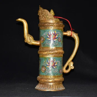 13"Tibetan Temple Collection Old Bronze Cloisonne Enamel Flower Texture Dragon handle hidden Pot Flagon Kettle Ornament