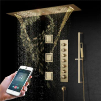 Four-function LED music top spray-brushed gold two-person shower set with bluetooth and music audio rain shower kit