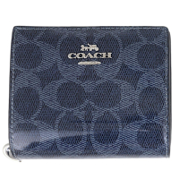 COACH 馬車標牛仔藍防水布拉鍊押扣短夾