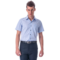 【金安德森】藍色條紋黑釦窄版短袖襯衫