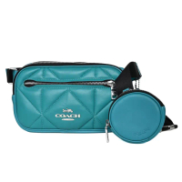 【COACH】線縫菱格紋全皮掛扣零錢袋斜胸背腰包(土耳其藍/展示品-皮革掉色)