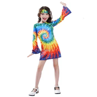 Little Girl Child Rainbow Hippy Costume American Vintage Role Play Party Dress Kid Halloween 60s 70s Stage Performance Costumes