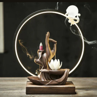 Lotus Zen Incense Burner Buddha Statue Figurines Waterfall Agarwood Incense Burner Electric Stand Fuente Incienso Decorations