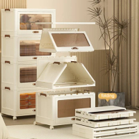 Foldable Organizer Cabinet Double Door Open Storage Box With Wheels Stackable Snacks Sorting Wardrobe Bins Bedside Drawer Table