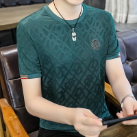 夏季男士休閒時尚潮流修身短袖 速乾冰感冰絲T恤 高檔字母提花燙畫透氣圓領短袖 男冰絲短袖 短袖 男T 冰絲短袖