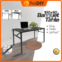Foldable Banquet Table Black White Round Edge 100cm x 50cm Interior Study Office Desk Iron Frame Eas