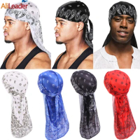 Printing Bandana Doo Rag Cap Headwraps Men'S Women'S Hip Hop Headband Silk Durag With Long Tail And Wide Straps 8 Colors