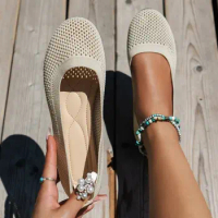 Square Toe Loafers Summer Mesh Shoes Women Soft Comfortable Ballet Boat Sneakers Simple Knitted Shallow Breathable Office Flats
