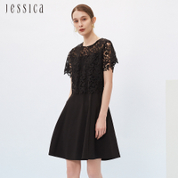 JESSICA - 氣質優雅花卉蕾絲拼接雪紡短袖洋裝233177（黑）