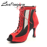 Ladingwu Latin Dance Shoes For Women Dance Shoes Satin Mesh Ballroom Dance Shoes Women Dance Shoes Rhinestones Dance Boots