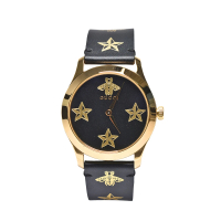 預購 GUCCI 古馳 經典G-Timeless系列小蜜蜂皮革腕錶(金/黑38mm-YA1264055)