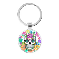 Fashion Colorful Sugar Skull Keychain Mexico Folk Art Patterns Glass Pendant Key Chain Jewelry Holiday Gift