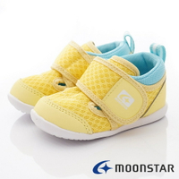 日本月星Moonstar機能童鞋頂級學步系列寬楦穩定彎曲速乾涼鞋款2533黃(寶寶段)
