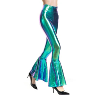 PU Leather Wetlook Flared Trousers High Waist Y2K Streetwear Holographic Chic Women Disco Stage Dance Pants