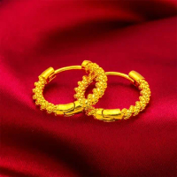 Pure Dubai 24k Fried Dough Twist Earrings for Women Girlfriend Wedding Birthday Gift 999 Gold Earrings Fine Jewelry Gifts