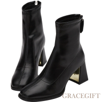 【Grace Gift】俐落百搭後拉鍊中高跟襪靴 黑