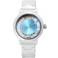 Canody 浮雕時尚 雙鏤空羅馬陶瓷腕錶-白x藍色/35mm