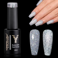 YOKEFELLOW BD04 Holo Shimmers Reflective Glitter Gel Nail Polish Silver Semi permanent Gel Varnish with Ultra-sparkly Diamond