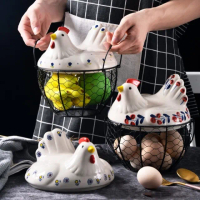 【JEN】創意手繪陶瓷鐵藝雞蛋蔬果雜物大尺寸收納籃(2款可選)