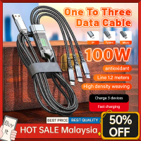 สายชาร์จ 3-in-1 100W 6A สายชาร์จเร็ว USB ไมโคร สายข้อมูลถักสำหรับ iPhone Huawei Vivo และสายชาร์จ OPP