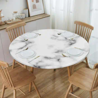 Round Oilproof White Texture Marble Table Cover Elastic Fitted Abstract Geometric Table Cloth Backing Edge Tablecloth for Dining
