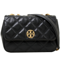 【TORY BURCH】TB專櫃款WILLA 圓牌LOGO小香風菱格紋斜背肩背包(黑)
