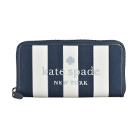 【KATE SPADE】Kate Spade刺繡銀灰字LOGO緹花布藍白條紋12卡拉鍊長夾(深藍x白)