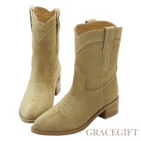 【Grace Gift】玄玄聯名-精緻刺繡真皮牛仔西部靴  卡其