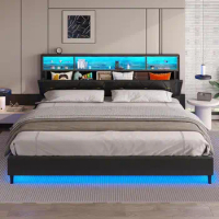 Black King Size Bed Frame with Storage Headboard &amp; RGB LED Lights Platform Bed for indoor bedroom furniture