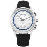 CK / 紳士簡約 三眼計時 藍寶石水晶玻璃 日期 夜光 皮革手錶-銀白x黑/43mm