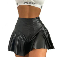 Xingqing Women PU Mini Shorts Skirt High Waist Pleated Ruffled Hem Short Hip Skort Club Shorts Fashion Bottom Y2K Streetwear