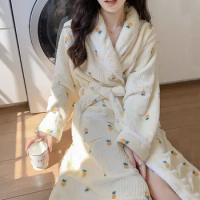 Floral Robe for Women Belt Sleepwear Nightdress Winter Night Wears Pajama Nightgown Long Sleeve Warm Fleece Homewear Japanese