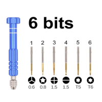 Gold Bit With 0.6Y 0.8 Pentalobe 1.5 Phillips Slotted T5 T6 Repair Tool 6 in 1 Screwdriver Kit for iPhone 6 7 8 X 11 Mi Huawei