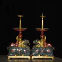 28"Tibet Temple Collection Old Bronze Cloisonne Enamel Sakyamuni Sheep Candlestick oil lamp A pair Worship Hall Town houses