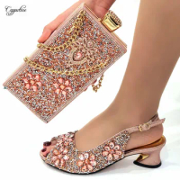 Rose Gold Women Shoes And Clutch Bag Set 2023 Luxury African Ladies Summer High Heels Sandals With Purse Handbag Pumps CR916 5CM