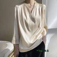 100%桑蠶絲長七分袖設計感V領女上衣精致極簡百搭款時尚工裝輕奢-Misaki精品
