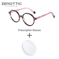 ZENOTTIC 2024 Fashion Pattern Acetate Prescription Glasses Round Anti Blue Light/Photochromic Eyewear Myopia Optical Eyeglasses
