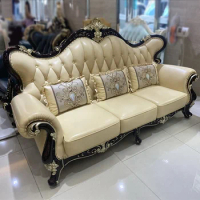Wood Carved Living Room Furniture Magic Sofas Hand Made Light Color Imported Living Room Hand Made Furniture Leather Sofa Set