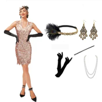 Lady 1920's Dress Beaded Flapper Gatsby Wedding Prom Evening Party Cocktail Formal Accessories Set Dress