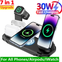 30W 7 in 1 Wireless Charger Stand Pad For iPhone 15 14 13 12 11 Pro Max Apple Watch Airpods Pro iWatch 8 7 Charging Dock Station