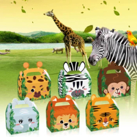 DD197 4Pcs Jungle Party Cartoon Animal Tiger Elephant Zebra Kraft Paper Candy Gift Box Safari Birthday Baby Shower Party Decor