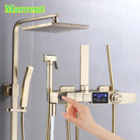 Digital Piano Shower Set Brushed Gold Hot Cold Bathroom Faucet Rainfall Shower Head Luxury Thermostatic Bath Shower System
