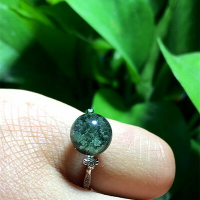 天然半寶石特色水晶綠幽靈聚寶盆轉運珠圓球925銀鑲女款戒指飾品