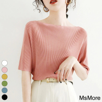 【MsMore】一字肩上衣溫柔風五分袖設計感寬鬆冰絲針織衫短版上衣#117293(6色)