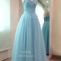 Sky Blue Tulle Sweetheart Evening Dresses Elegant Beadin Evening Gowns Long Formal Evening Dress Styles Women Prom Party Dresses