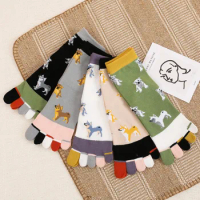 Women Cartoon Dog Socks Female 100 Cotton Five Finger Socks Mid tube Fashion Five Toe Socks Separate Toes Colorful Sox Girl Soks
